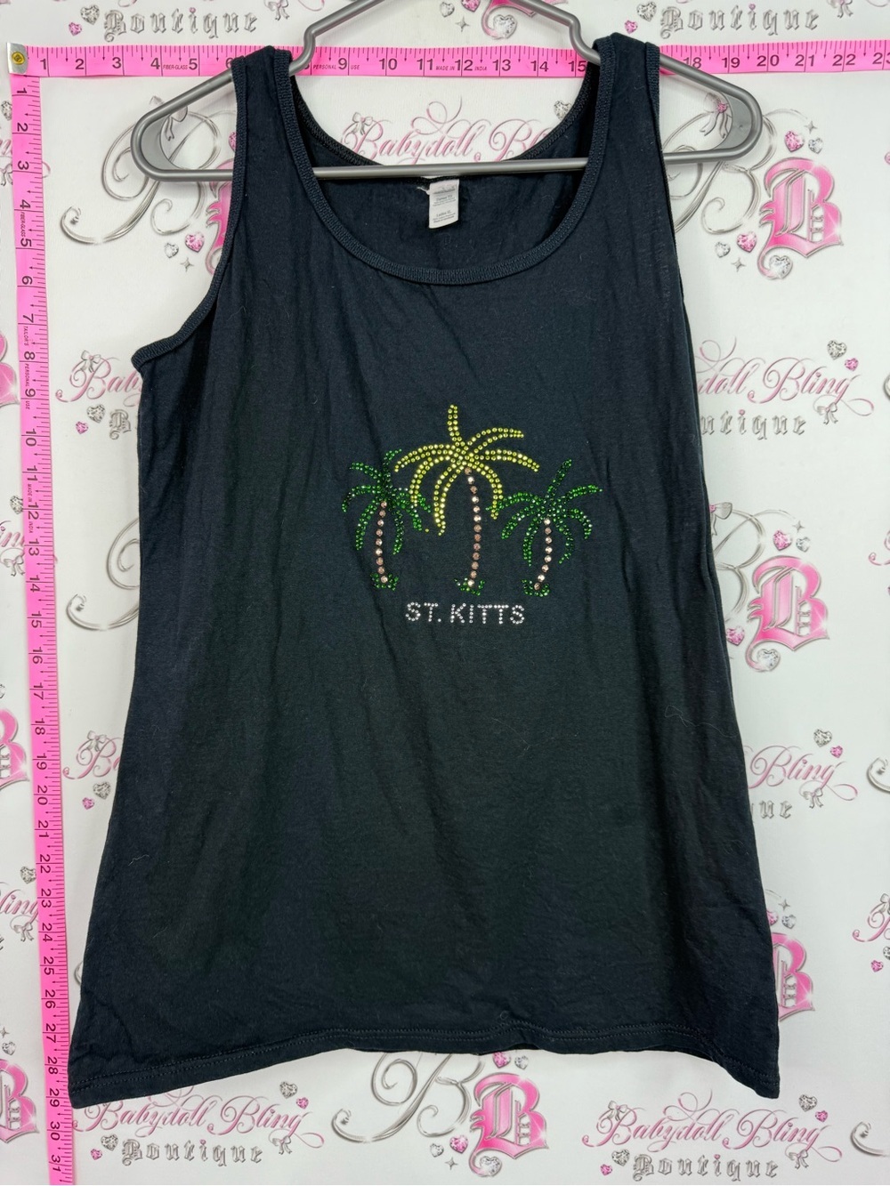 Gildan ST. KITTS Black Tank with Green and Yellow Rhinestone Palm Trees